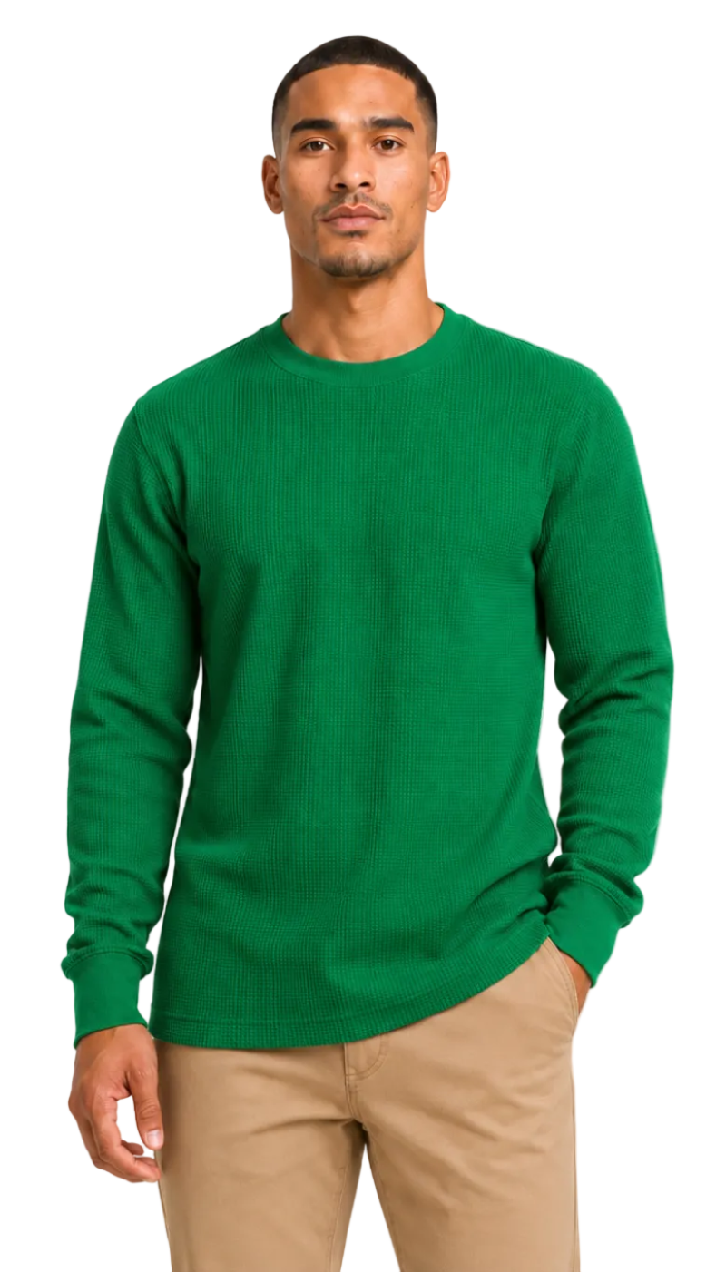 Men’s green heavyweight long sleeve thermal crew neck shirt