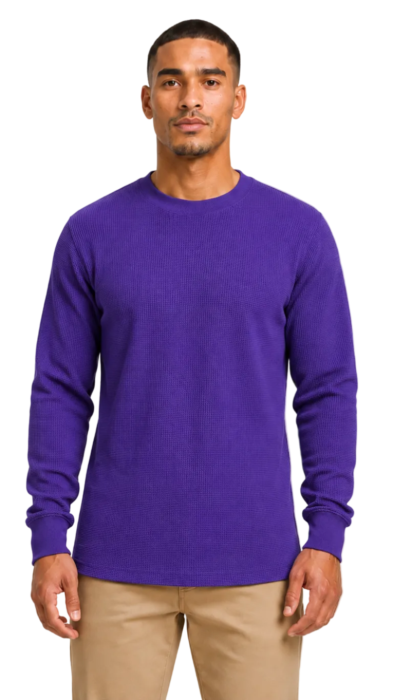 Man wearing a purple long-sleeve shirt on a white background