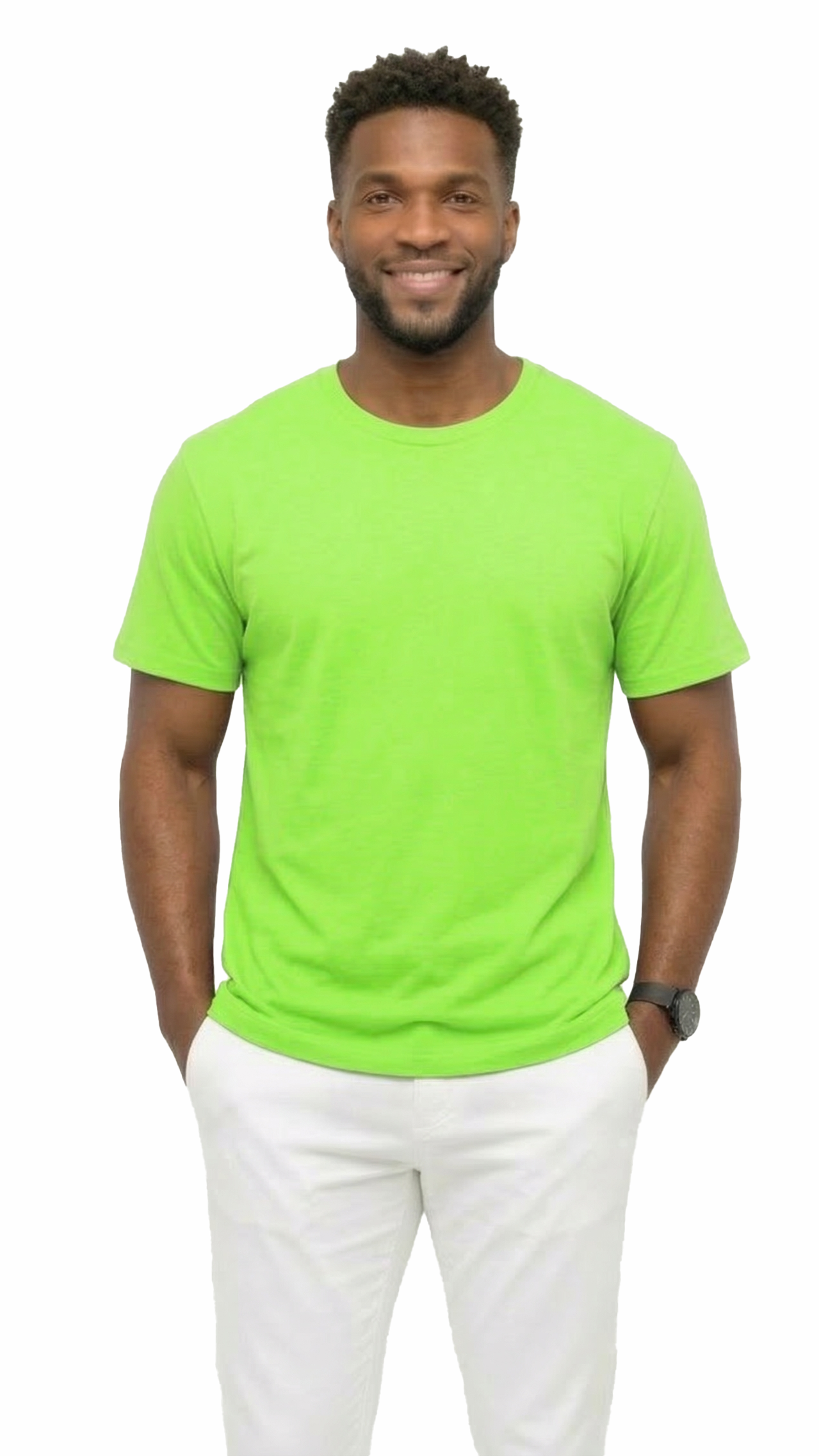Man wearing a bright green t-shirt and white pants on a white background