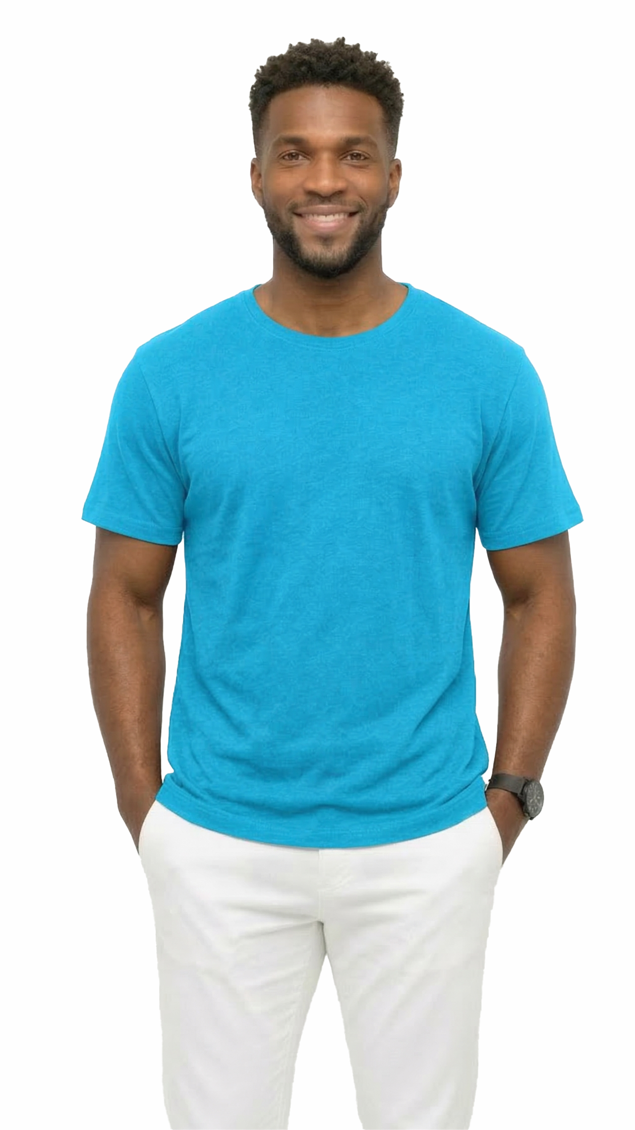 Man wearing a blue t-shirt and white pants on a white background