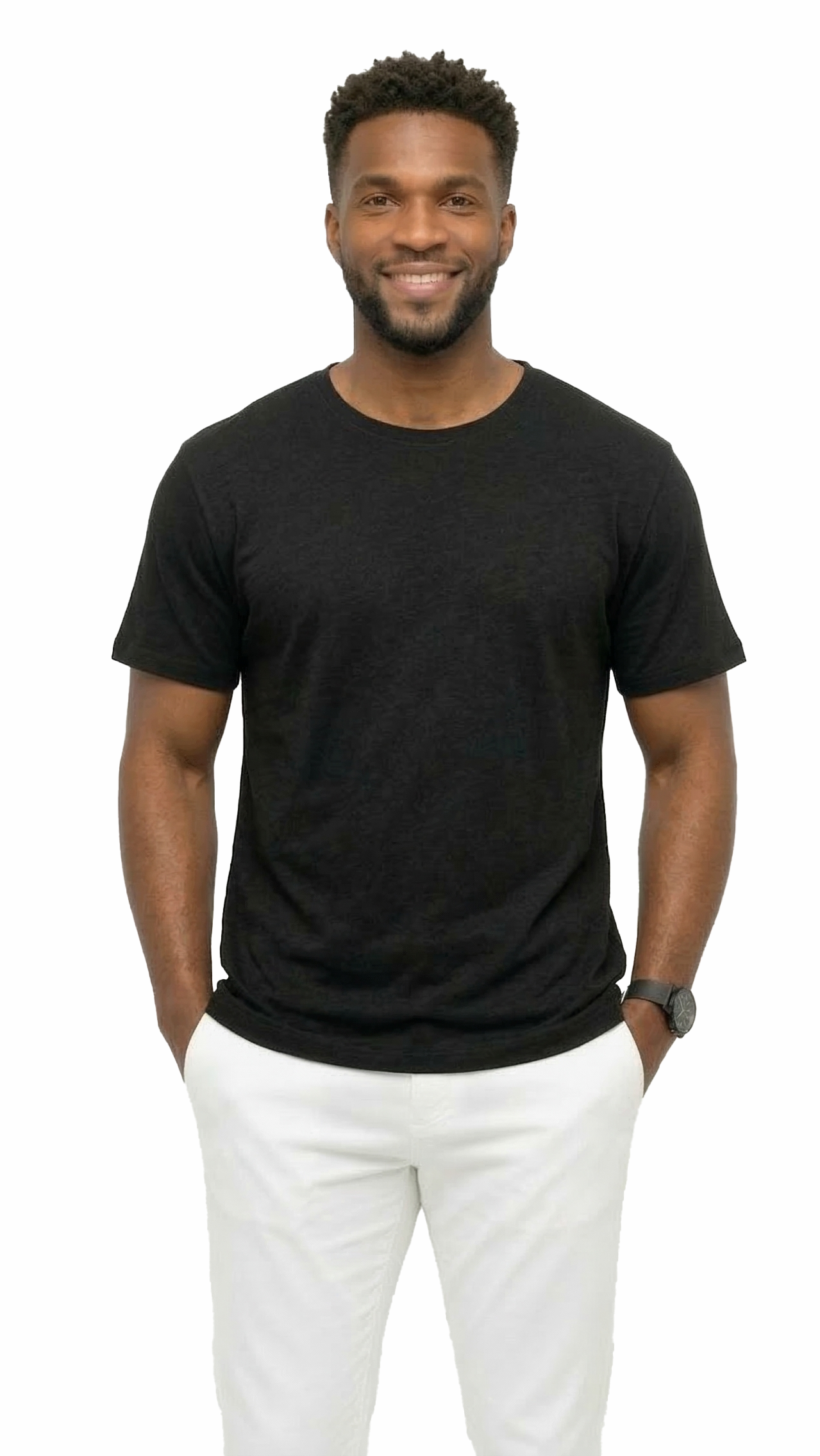Man wearing a black t-shirt and white pants on a white background