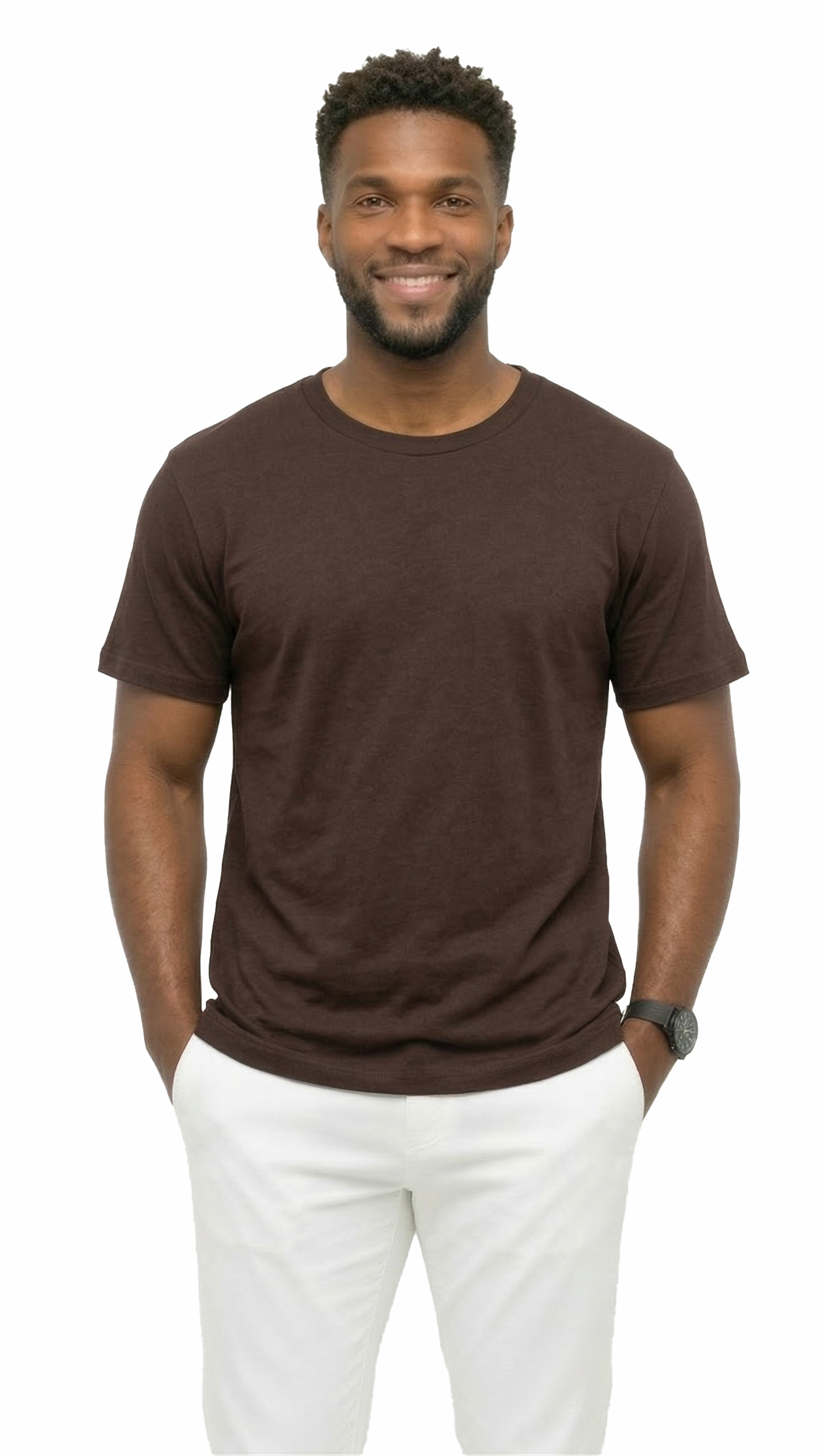 Man wearing a brown t-shirt and white pants on a white background