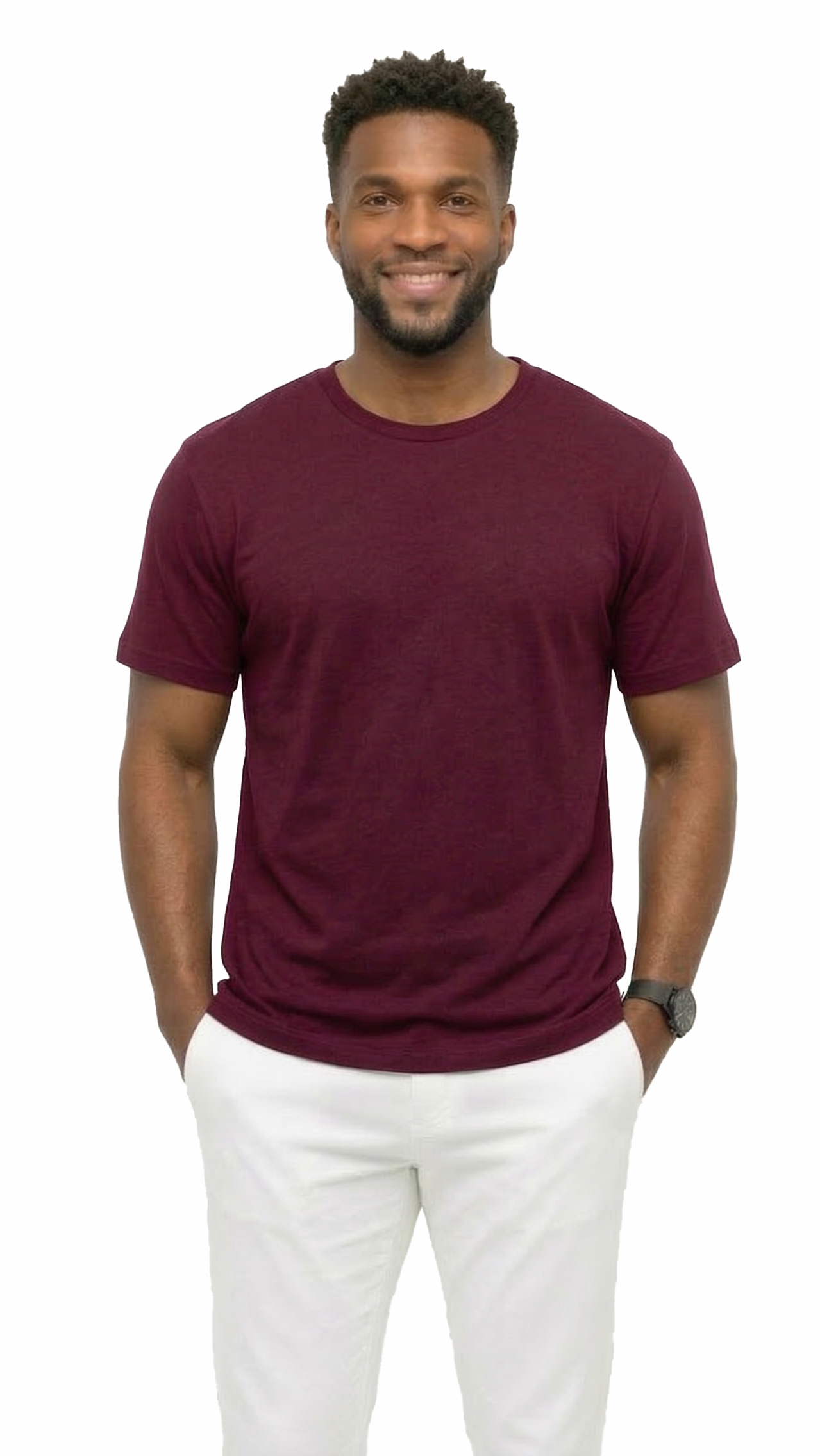 Man wearing a maroon t-shirt and white pants on a white background