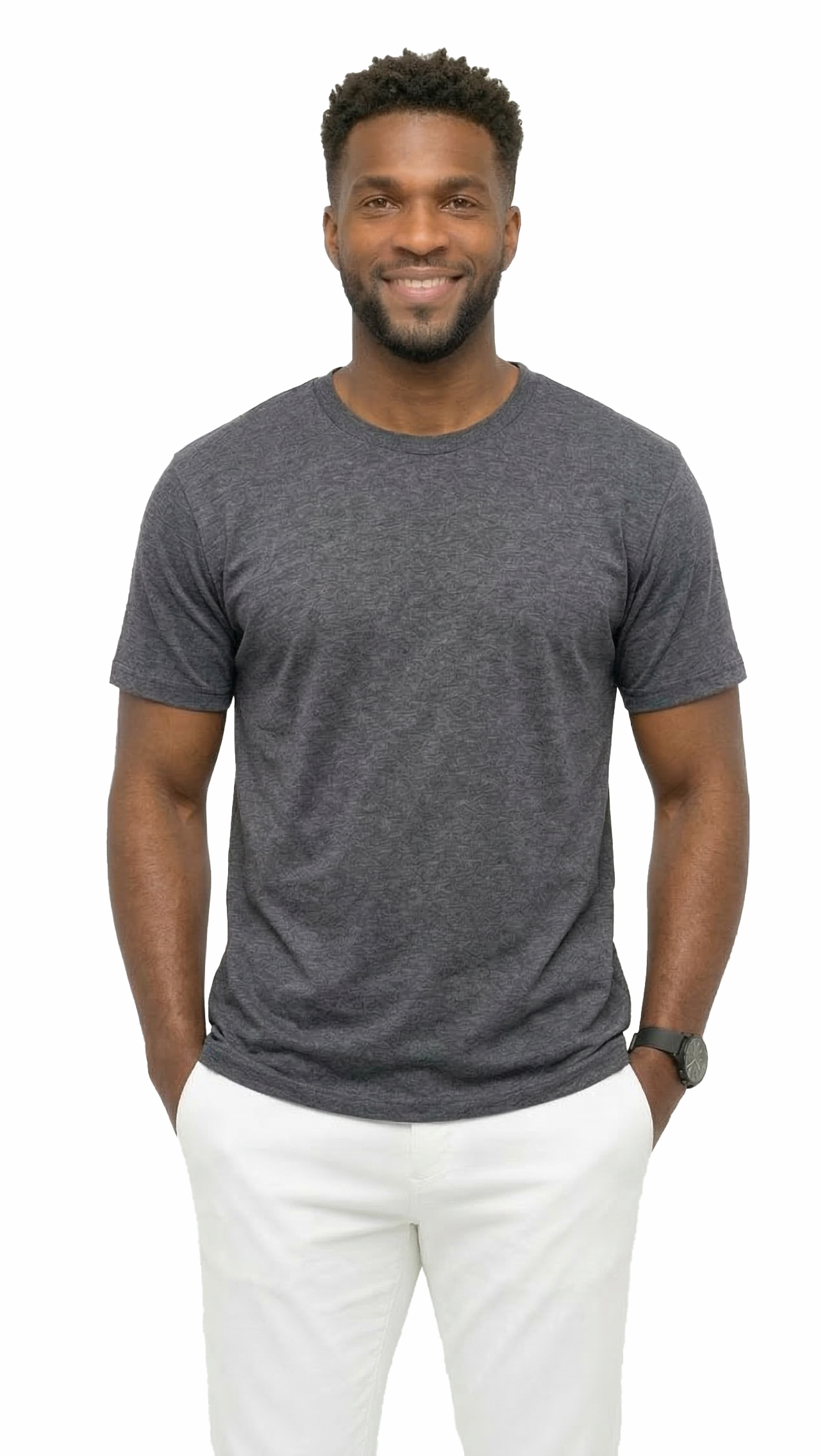Man wearing a gray t-shirt and white pants on a white background