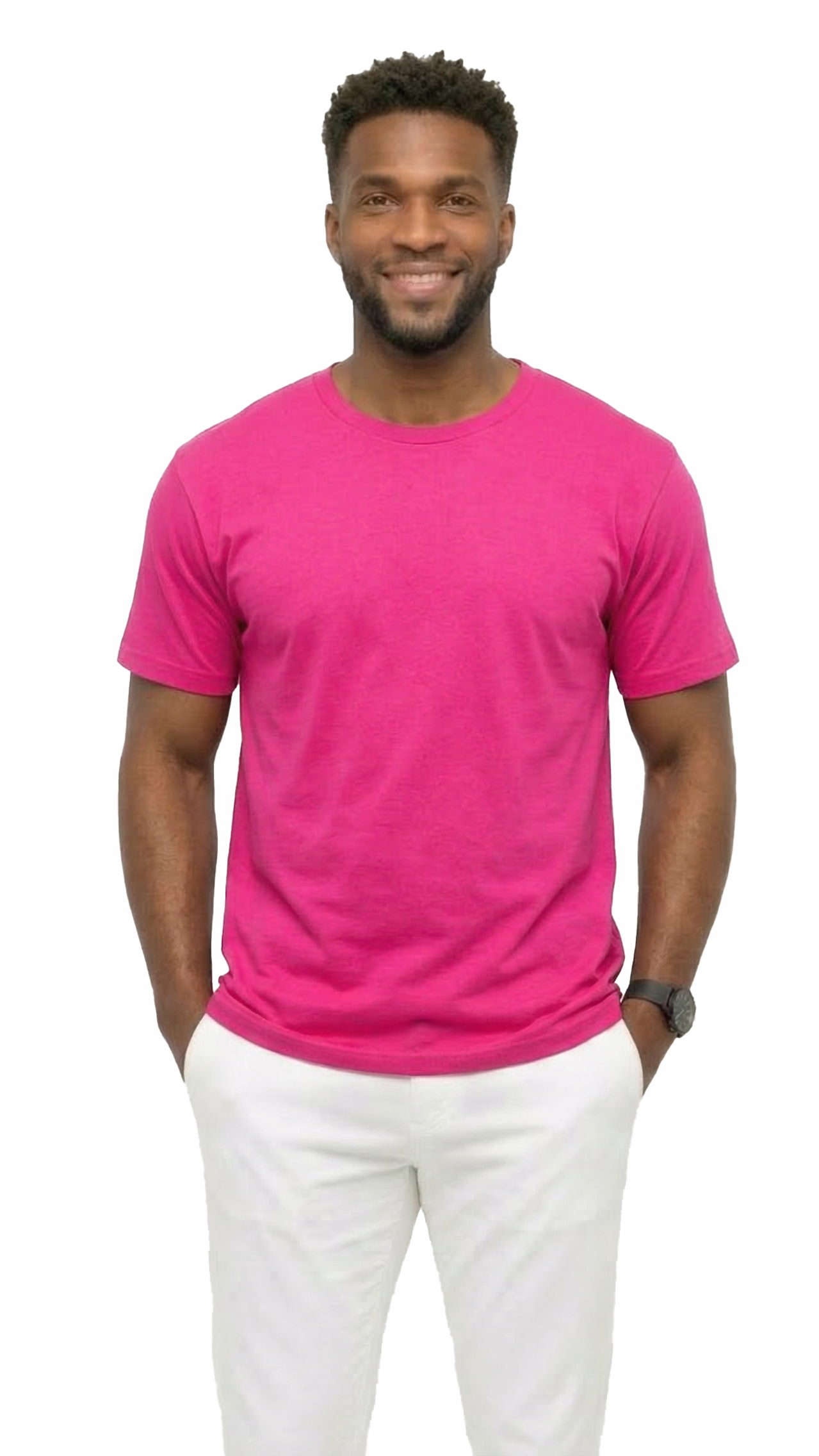 Man wearing a bright pink t-shirt and white pants on a white background