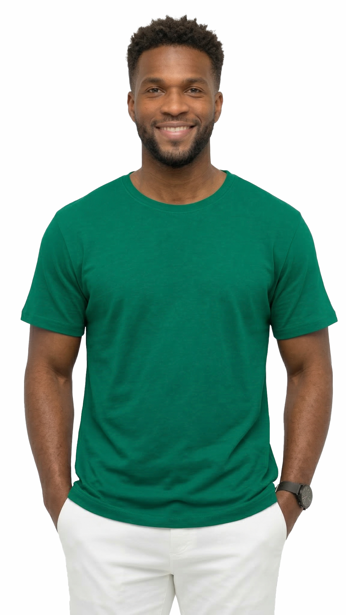 Man wearing a green t-shirt and white pants on a white background