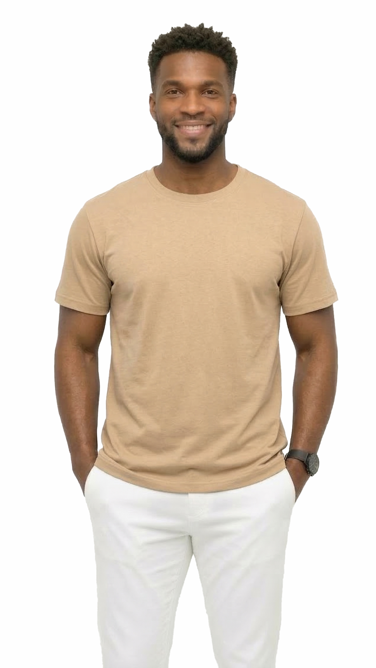 Man wearing a beige t-shirt and white pants on a white background