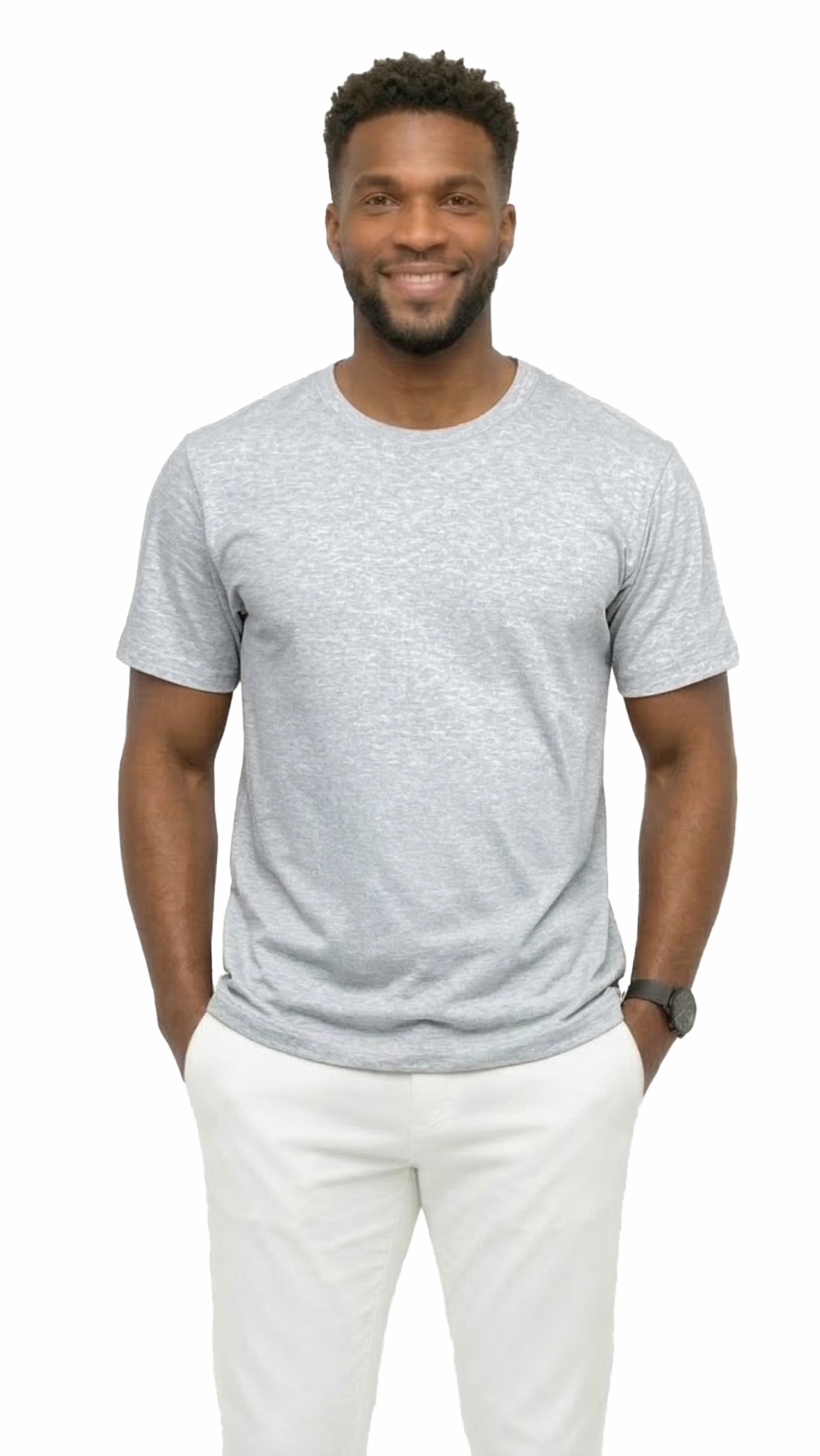 Man wearing a gray t-shirt and white pants on a white background