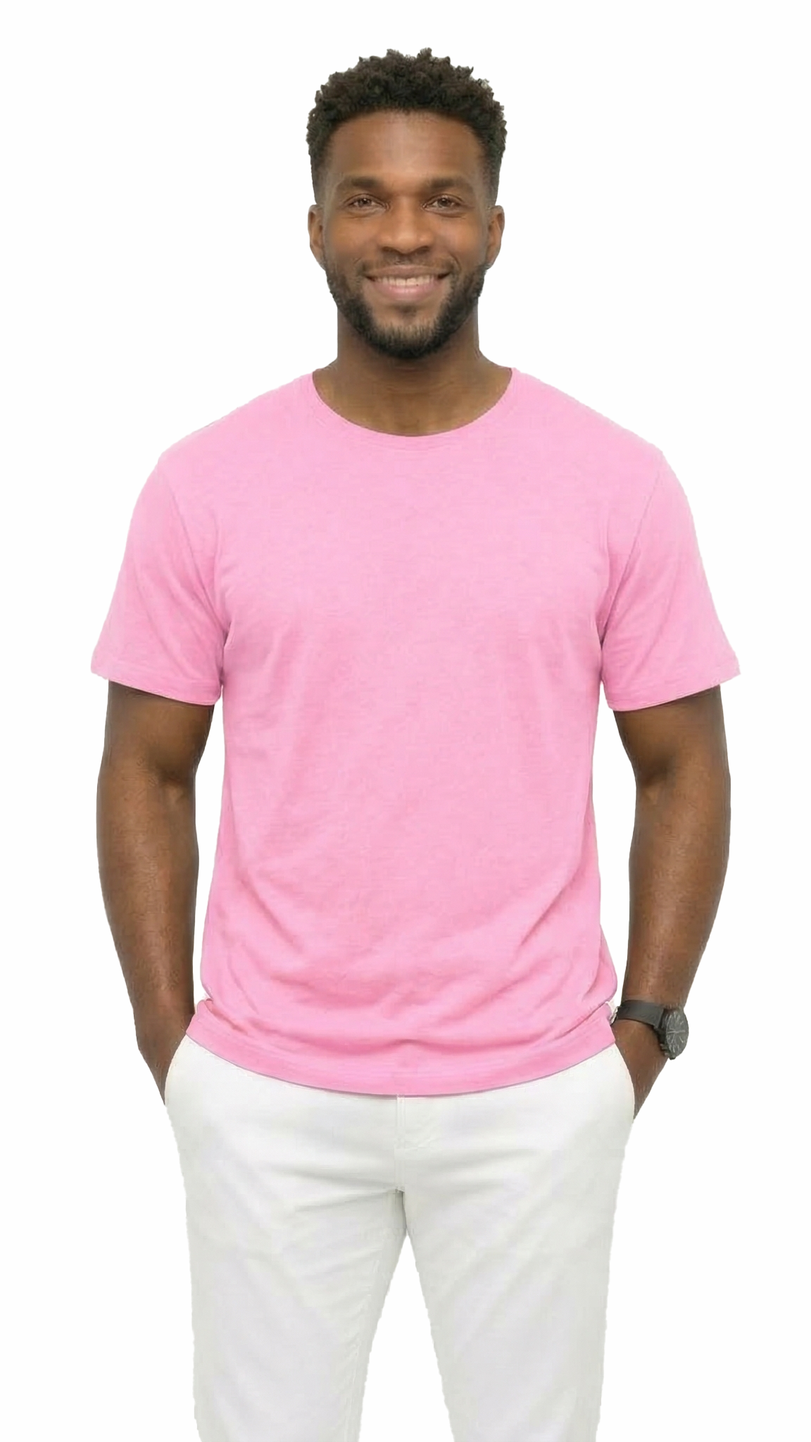 Man wearing a pink t-shirt and white pants on a white background