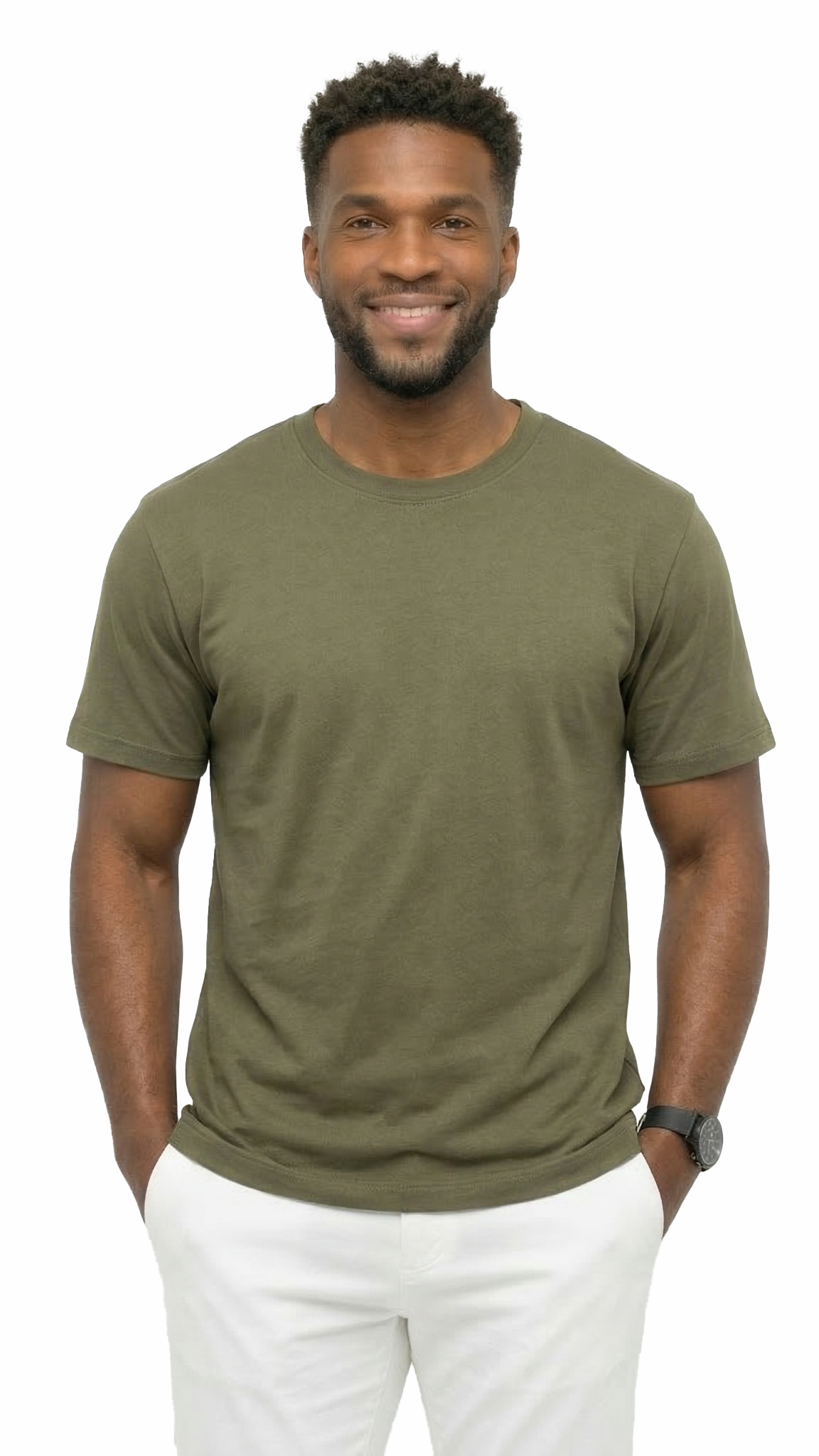 Man wearing an olive green t-shirt and white pants on a white background
