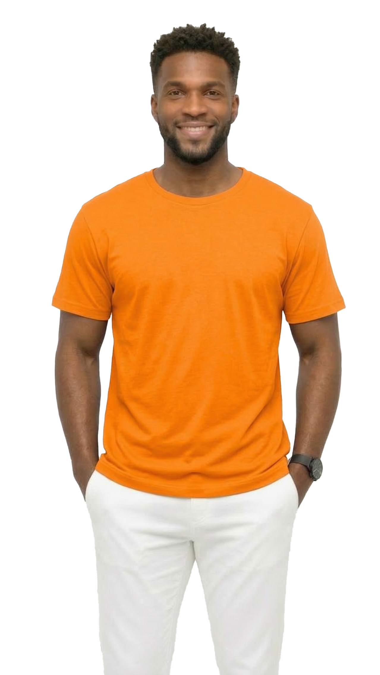 Man wearing an orange t-shirt and white pants on a white background
