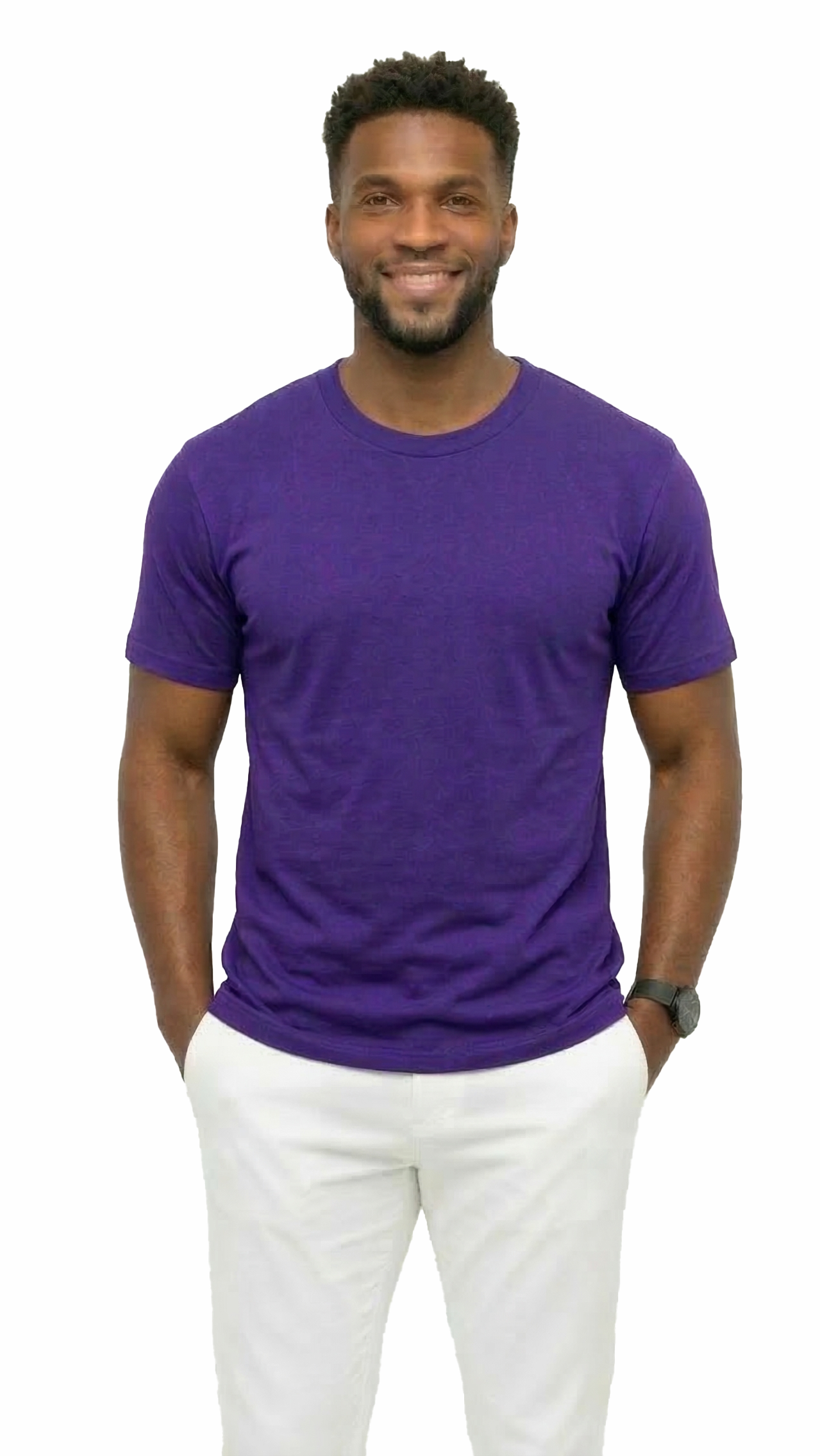 Man wearing a purple t-shirt and white pants on a white background