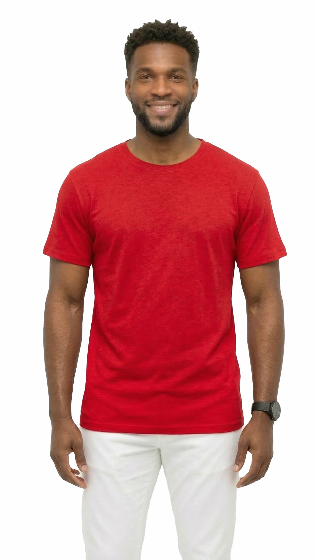 Man wearing a red t-shirt and white pants on a white background