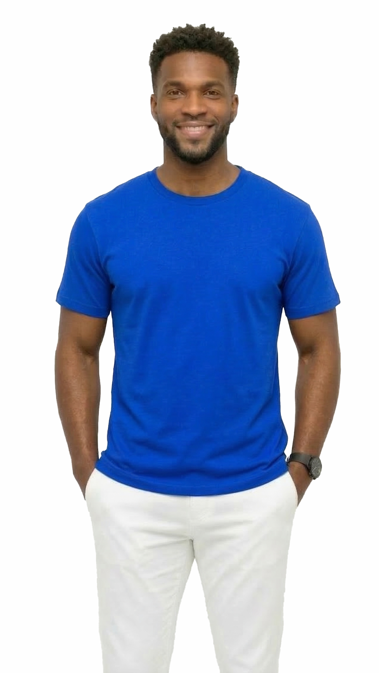 Man wearing a blue t-shirt and white pants on a white background