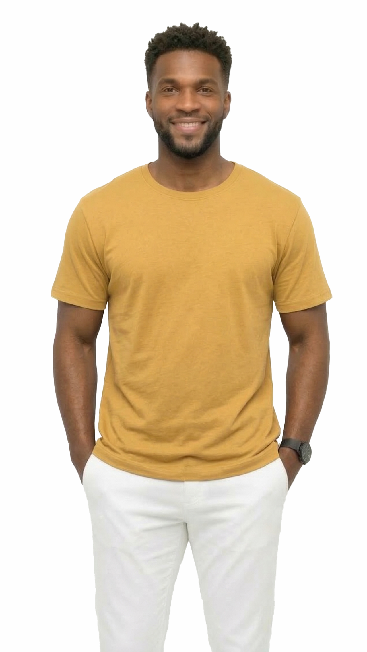 Man wearing a mustard yellow t-shirt and white pants on a white background