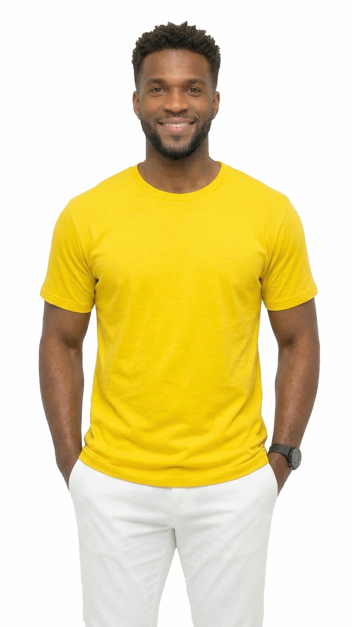 Man wearing a yellow t-shirt and white pants on a white background