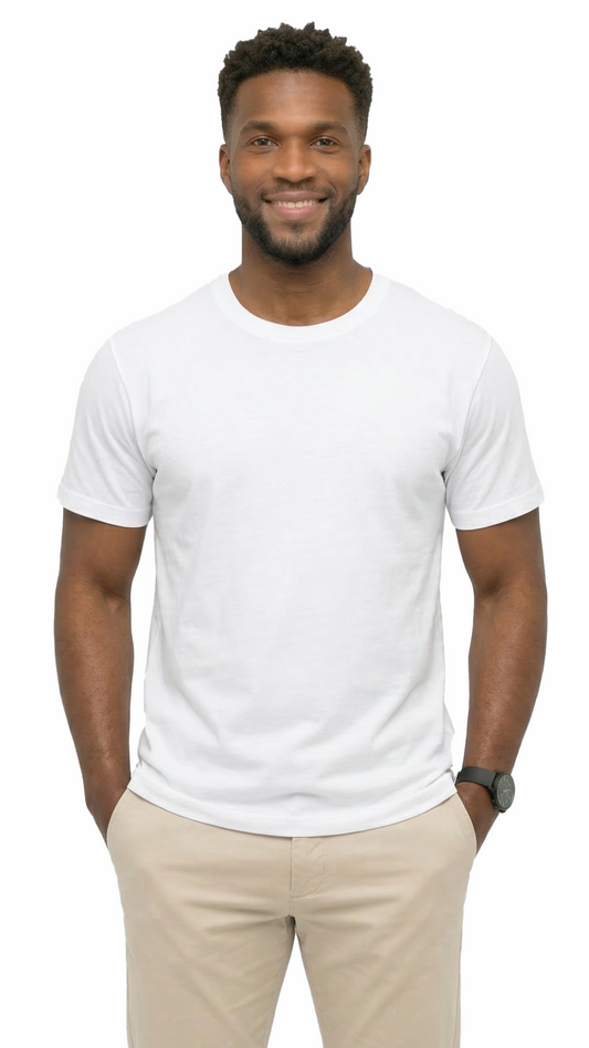 Man wearing a plain white t-shirt and beige pants on a white background